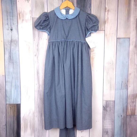 Strasburg Children Blue Black Gingham Short Balloon Sleeve Dress w/ Ties size 6 - Picture 1 of 10